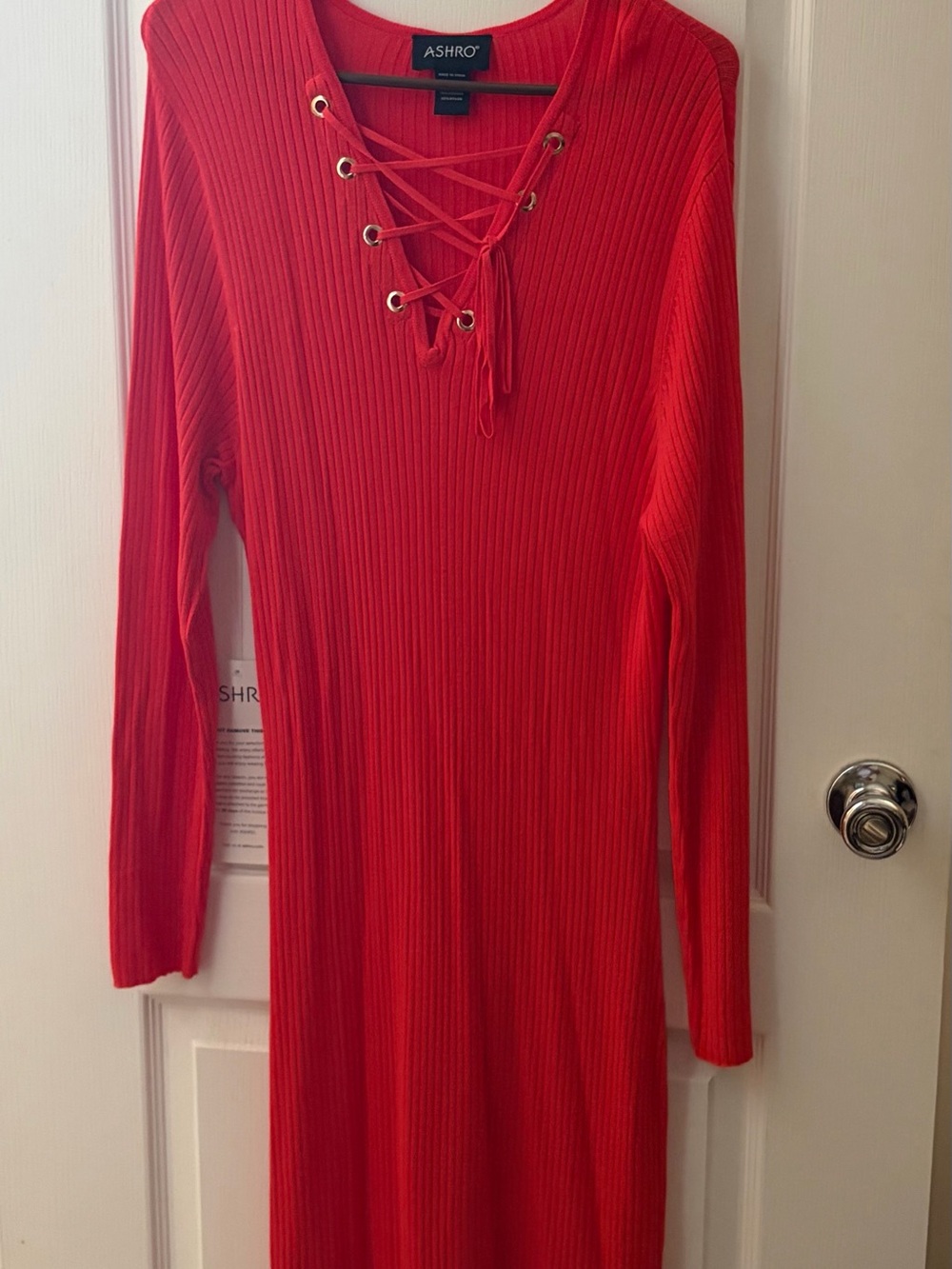 Ashro Crimson Ribbed Lace-Up Long Sleeve Midi Dress